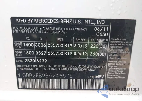2011 Mercedes-Benz Ml 350 Bluetec 4Matic from USA, damaged, VIN 4JGBB2FB9BA746575